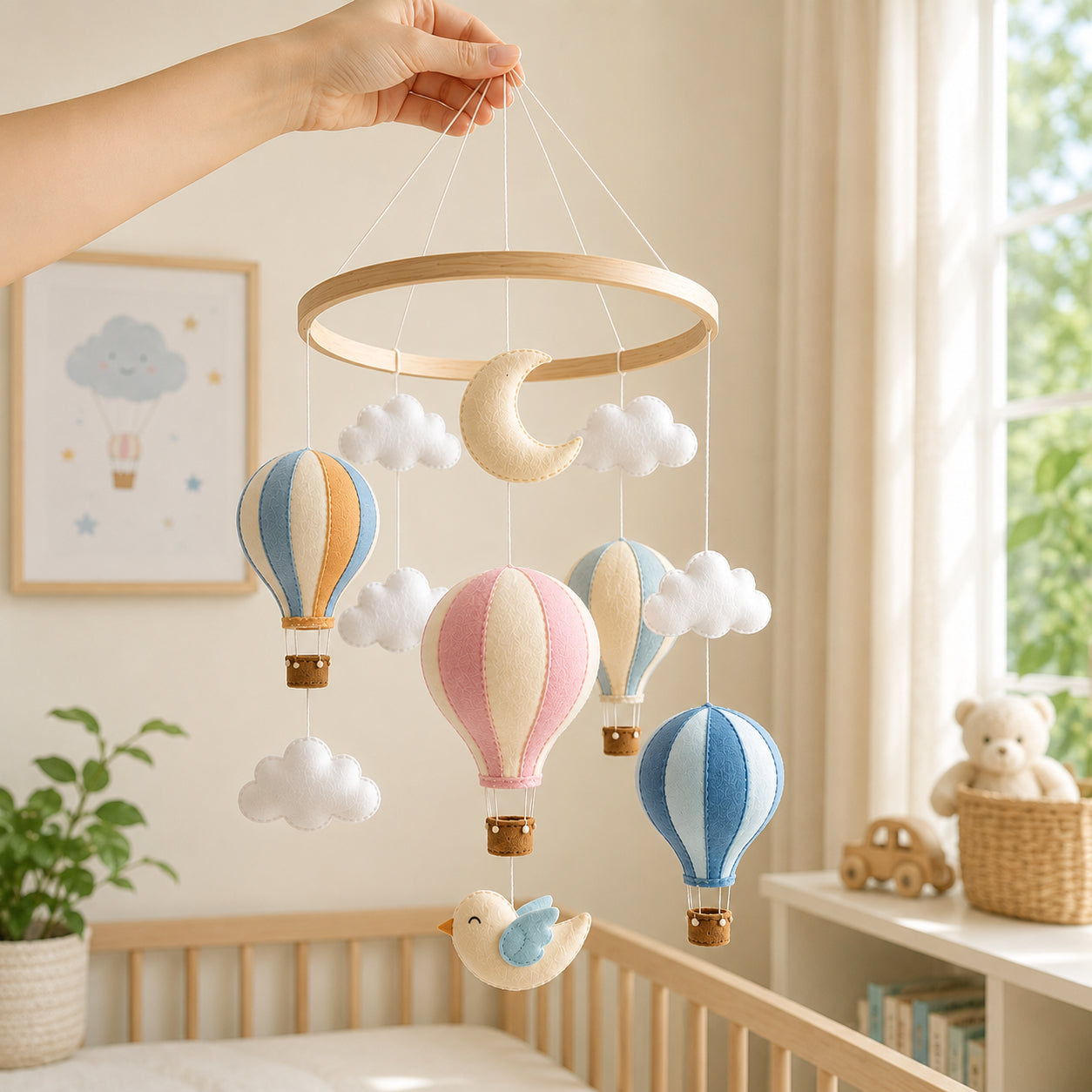 Personalized Hot Air Balloon Felt Baby Mobile, Handmade Nursery Crib Mobile, Pastel Balloon and Cloud Baby Room Decor BBMB09