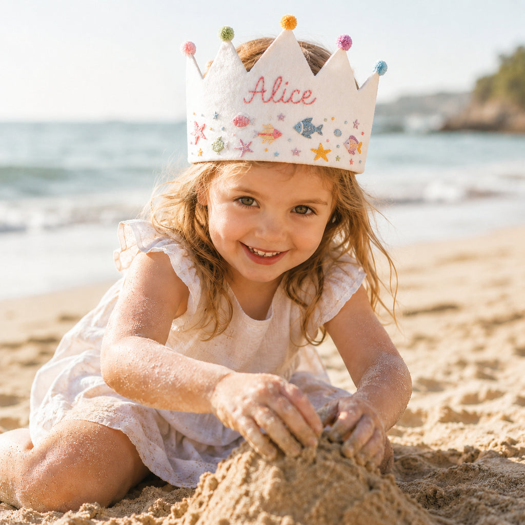 Hand-Embroidered Sea Animal Linen Birthday Crown, Personalized Fish And Beach Name Keepsake, Birthday Crown For Kid, Custom Embroidered Crown EMC08