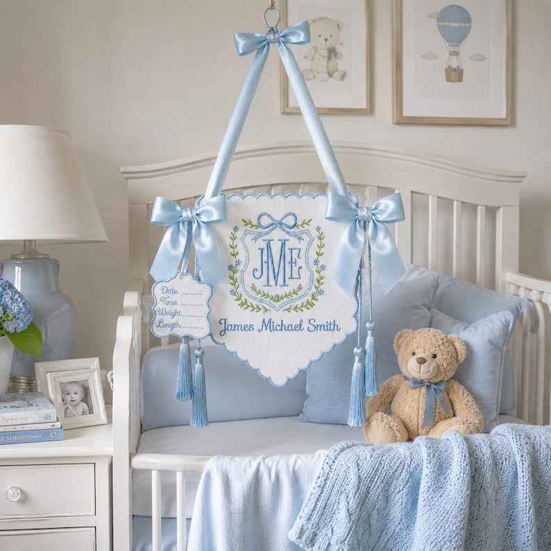 Personalized Baby Banner, Custom Name Sign, Newborn Gift, Baby Name Banner, Monogram Hospital Door Hanger, Baby Shower Gift BBFLAG08