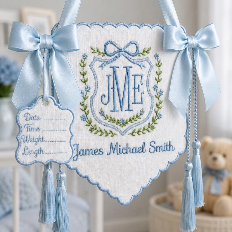 Personalized Baby Banner, Custom Name Sign, Newborn Gift, Baby Name Banner, Monogram Hospital Door Hanger, Baby Shower Gift BBFLAG08