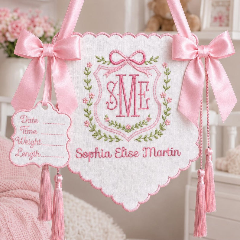 Personalized Baby Banner, Custom Name Sign, Newborn Gift, Baby Name Banner, Monogram Hospital Door Hanger, Baby Shower Gift BBFLAG08