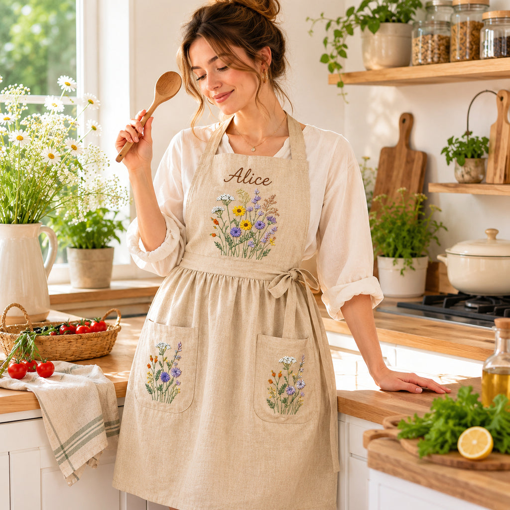Personalized Floral Hand Embroidered Apron, Handmade Wild Flowers Apron, Embroidered Apron, Linen Apron, Gardening Apron, Kitchen Apron, Mom Gift EMAP10