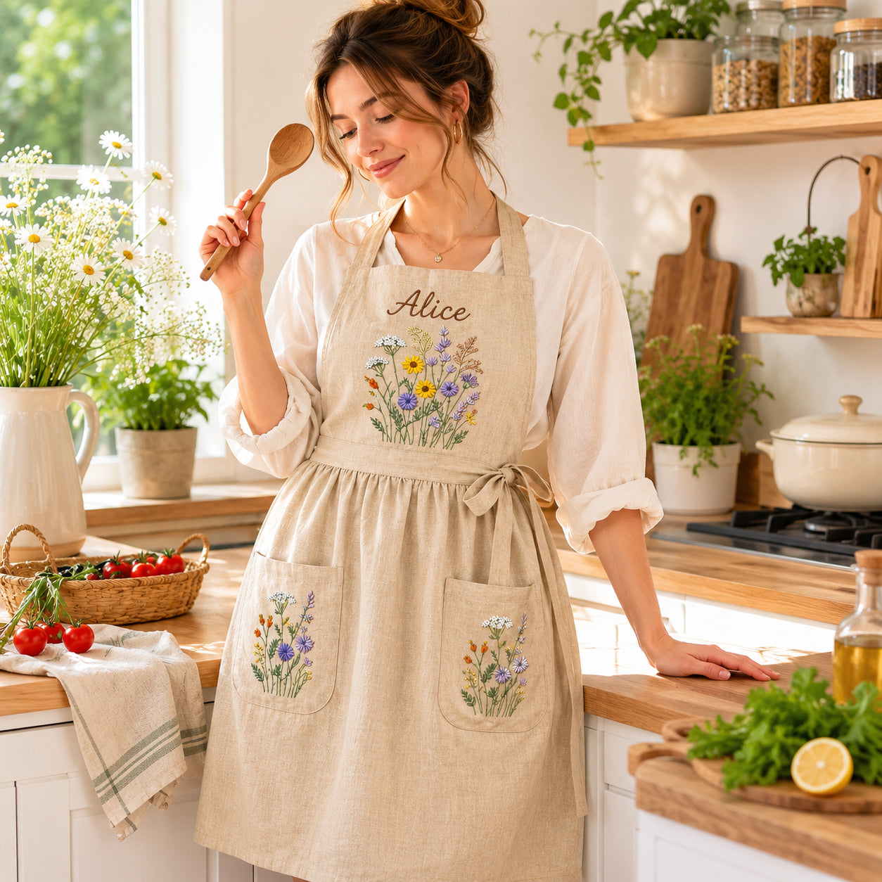 Personalized Floral Hand Embroidered Apron, Handmade Wild Flowers Apron, Embroidered Apron, Linen Apron, Gardening Apron, Kitchen Apron, Mom Gift EMAP10