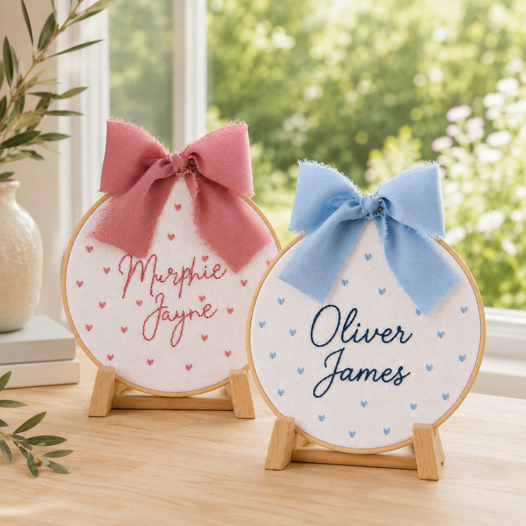 Personalized Hand Embroidered Baby Announcement Sign with Heart, Custom Baby Name Sign, Handmade Nursery Keepsake Gift for Newborn EM06