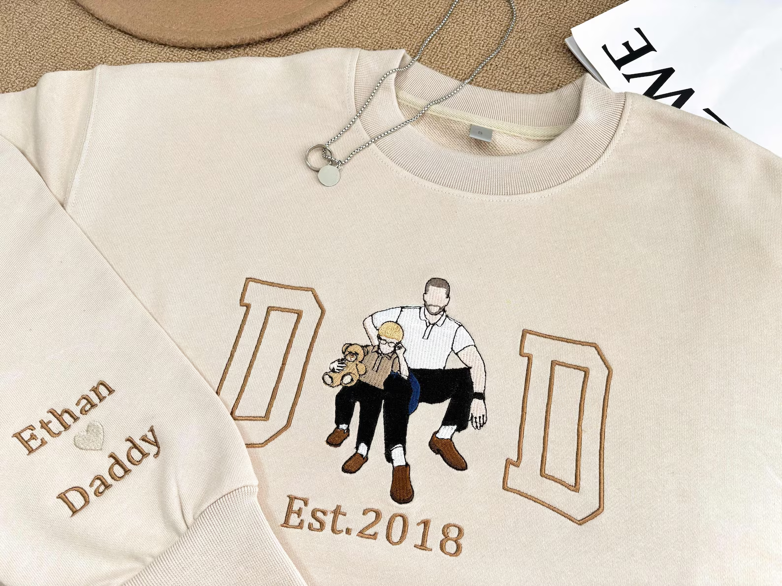 Custom Dad Embroidered Photo Portrait Sweatshirt, Personalized Father’s Day Gift with Name on Sleeve
