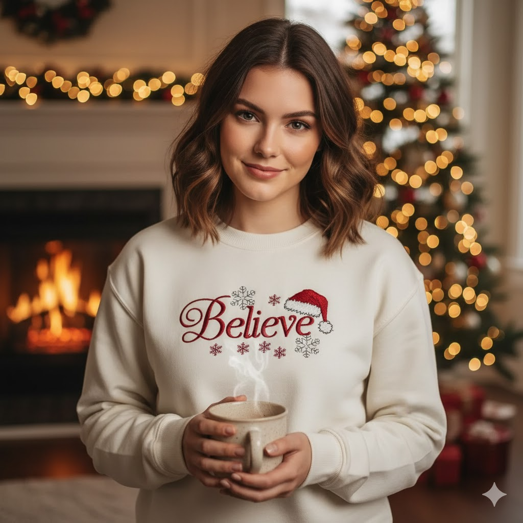Believe Embroidered Christmas Sweatshirt, Personalized Holiday Gift, Cozy Winter Sweater for Her or Him