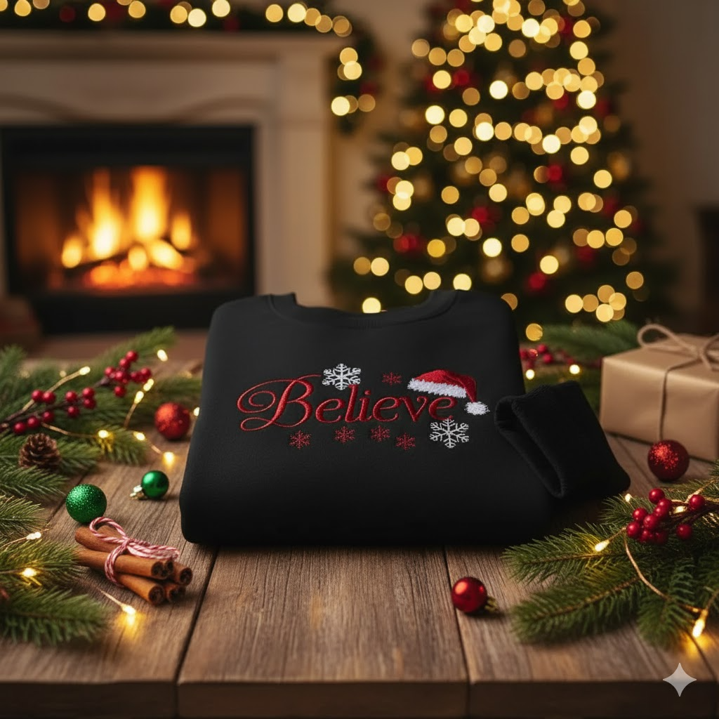 Believe Embroidered Christmas Sweatshirt, Personalized Holiday Gift, Cozy Winter Sweater for Her or Him