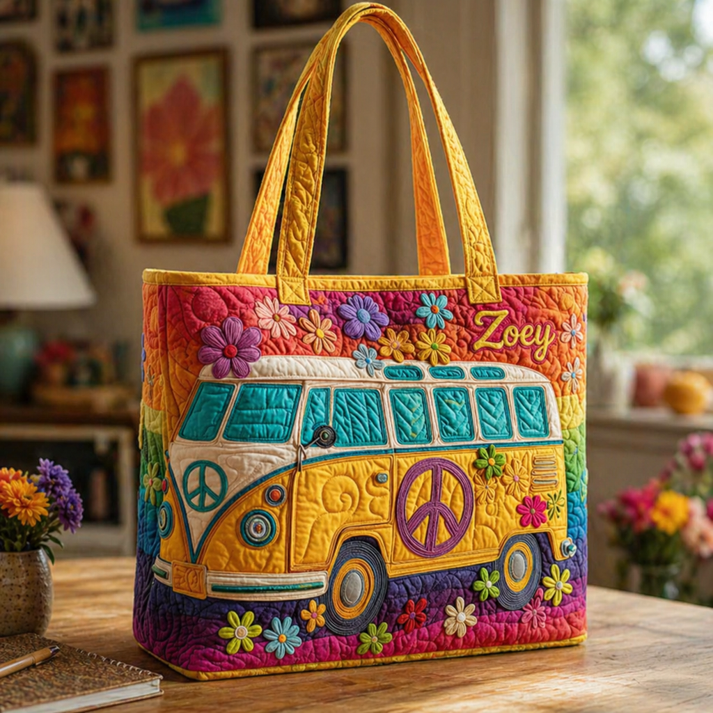 Personalized Boho Quilted Tote Bag, Retro Hippie Van Floral, Hippie Van Quilted Tote Bag, Fabric Quilted Bag QTOTE01