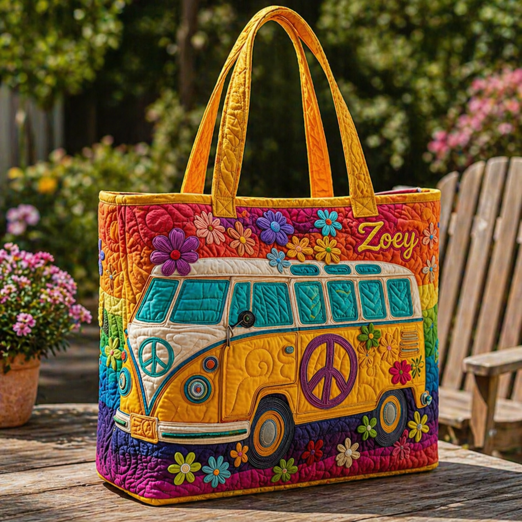 Personalized Boho Quilted Tote Bag, Retro Hippie Van Floral, Hippie Van Quilted Tote Bag, Fabric Quilted Bag QTOTE01