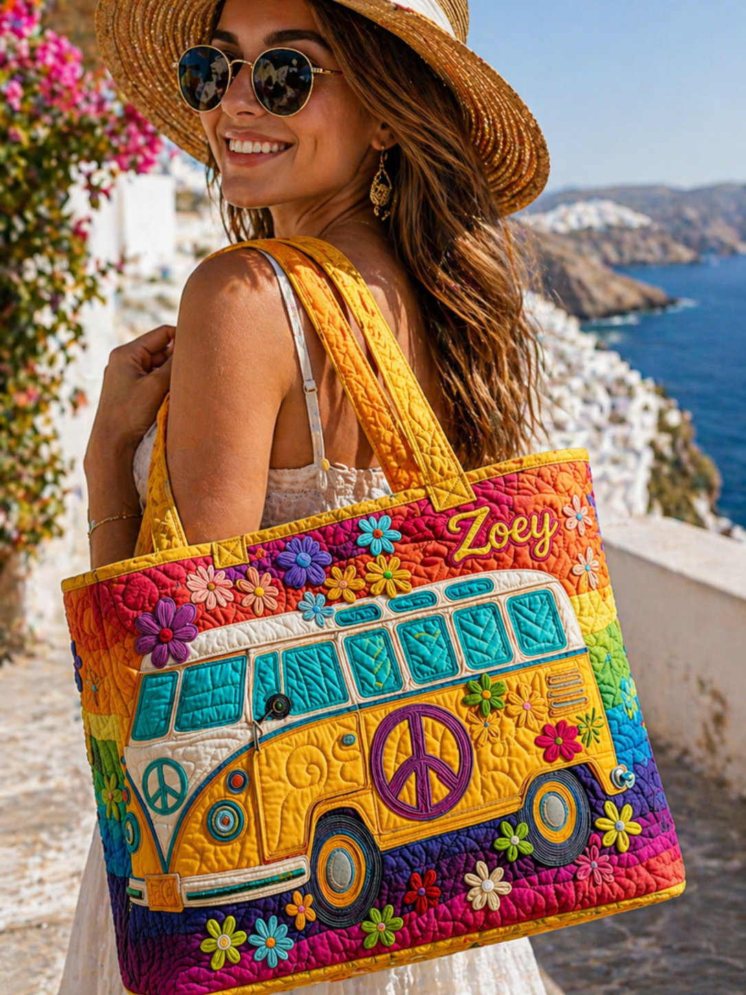 Personalized Boho Quilted Tote Bag, Retro Hippie Van Floral, Hippie Van Quilted Tote Bag, Fabric Quilted Bag QTOTE01