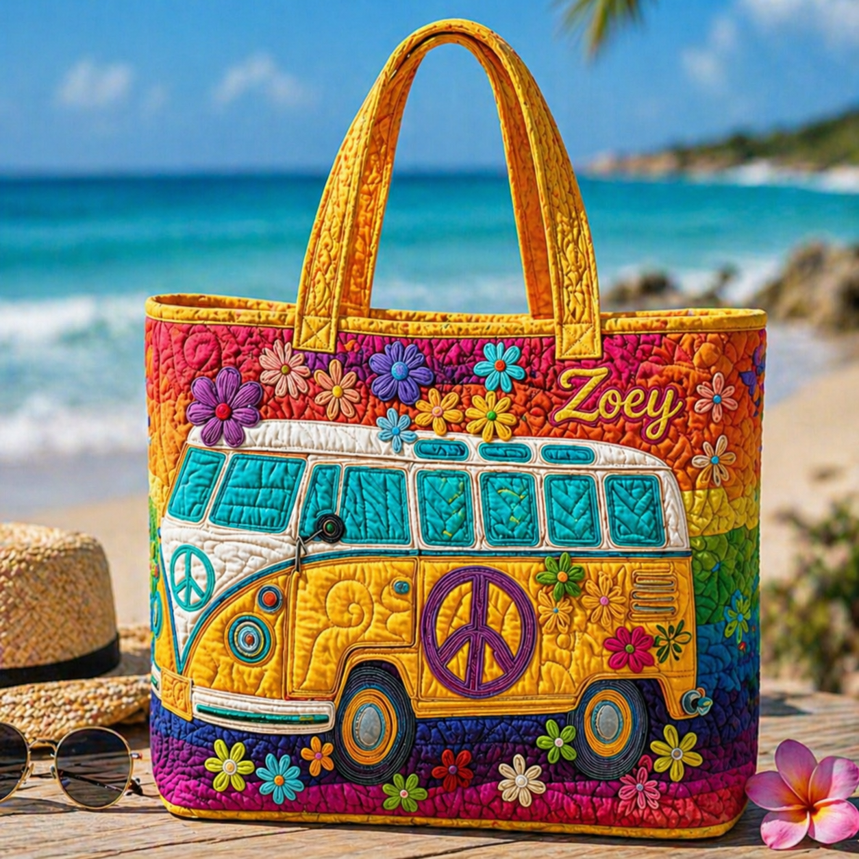 Personalized Boho Quilted Tote Bag, Retro Hippie Van Floral, Hippie Van Quilted Tote Bag, Fabric Quilted Bag QTOTE01