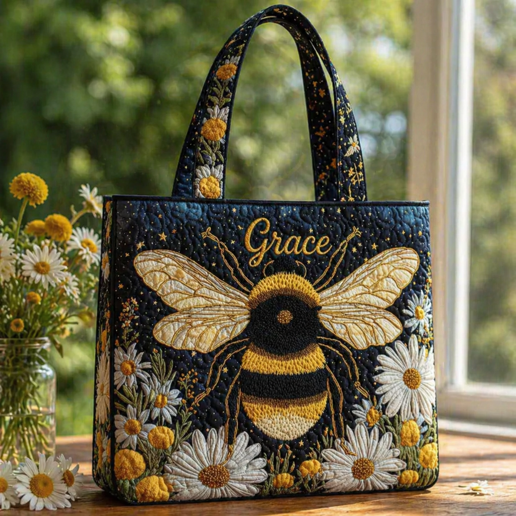 Personalized Bee Quilted Tote Bag, Vintage Bee Quilted Tote Bag, Fabric Quilted Bag QTOTE02