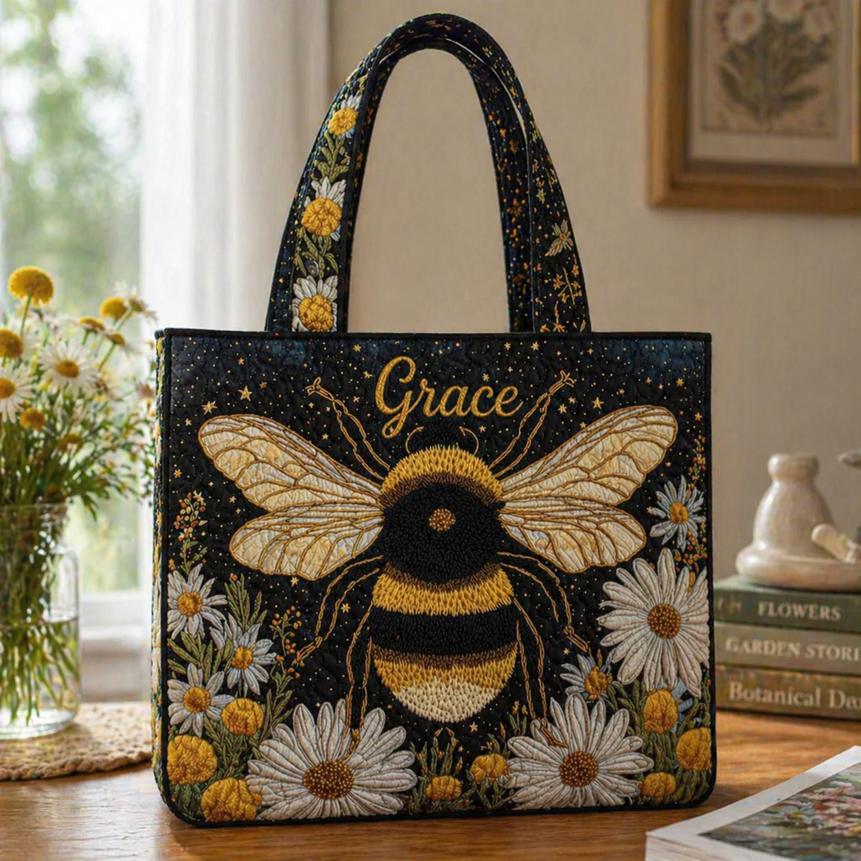 Personalized Bee Quilted Tote Bag, Vintage Bee Quilted Tote Bag, Fabric Quilted Bag QTOTE02