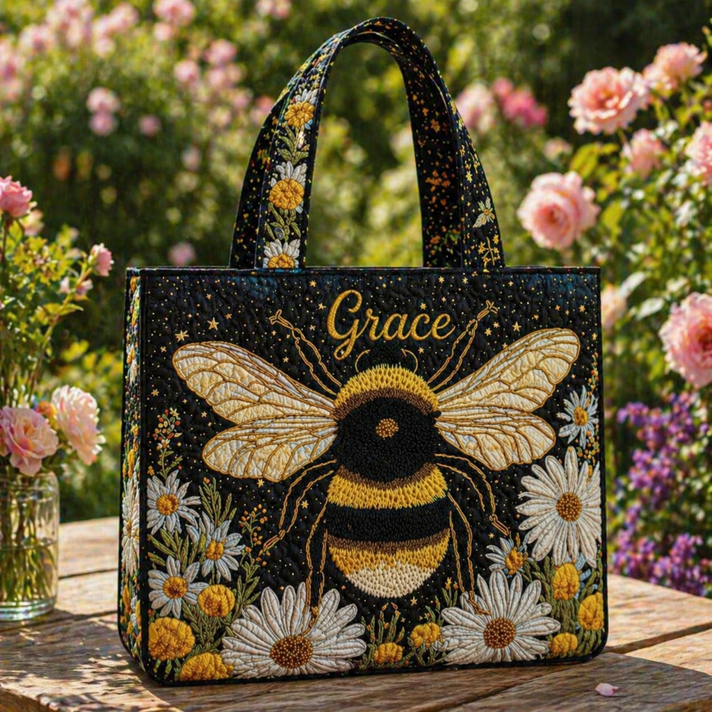 Personalized Bee Quilted Tote Bag, Vintage Bee Quilted Tote Bag, Fabric Quilted Bag QTOTE02