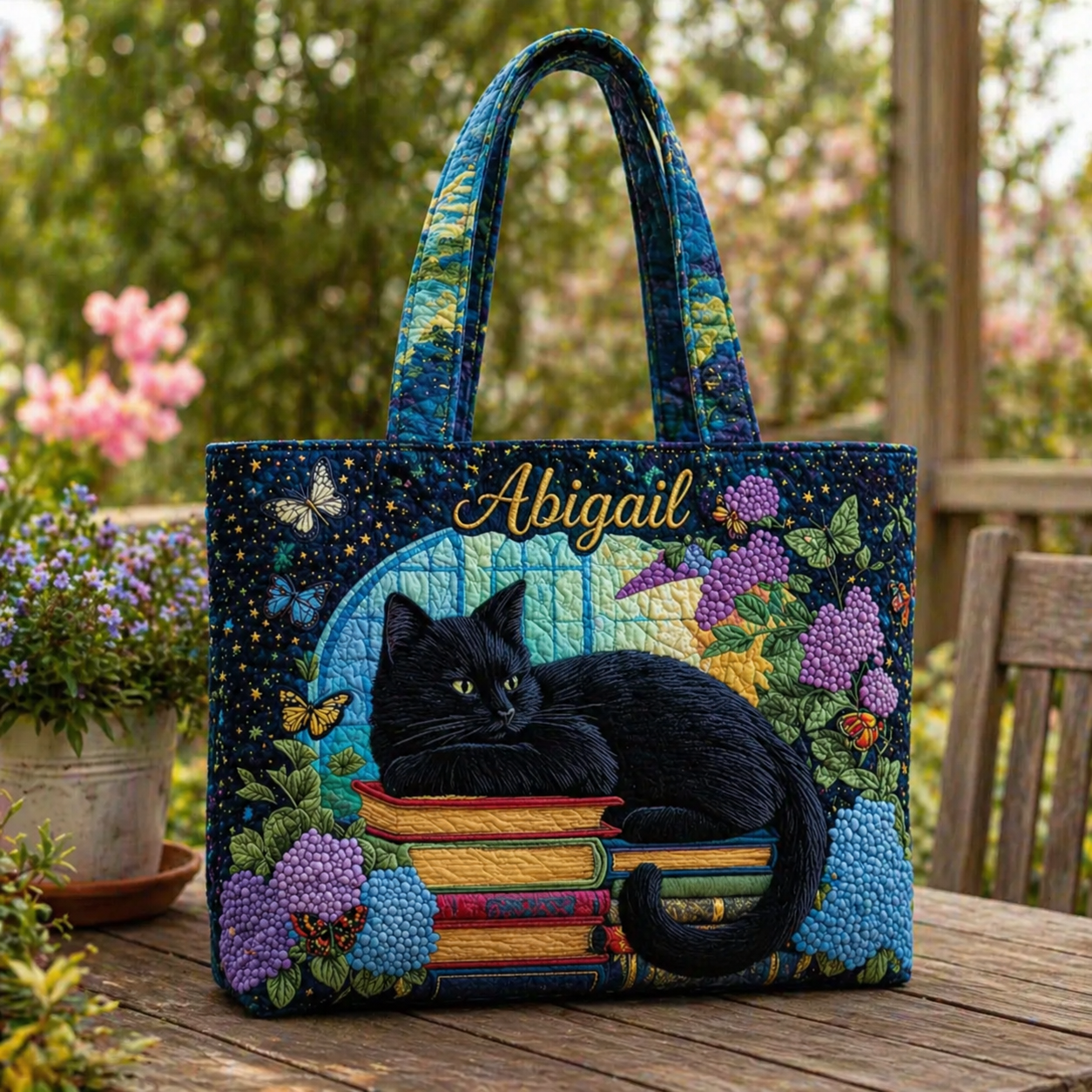 Black Cat Quilted Tote Bag, Vintage Cat Bookish Quilted Tote Bag, Fabric Quilted Bag QTOTE03