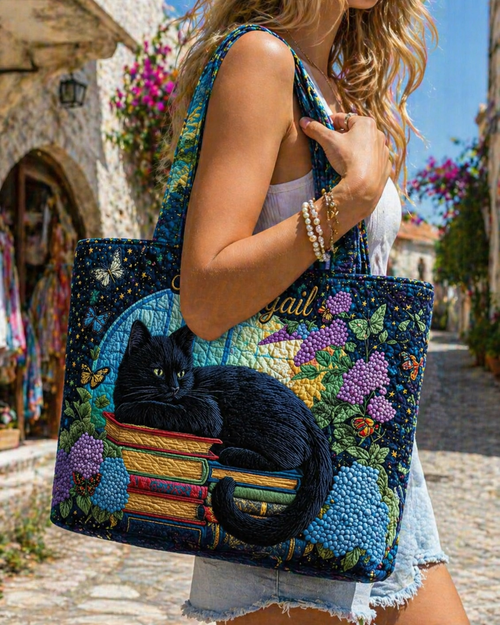 Black Cat Quilted Tote Bag, Vintage Cat Bookish Quilted Tote Bag, Fabric Quilted Bag QTOTE03
