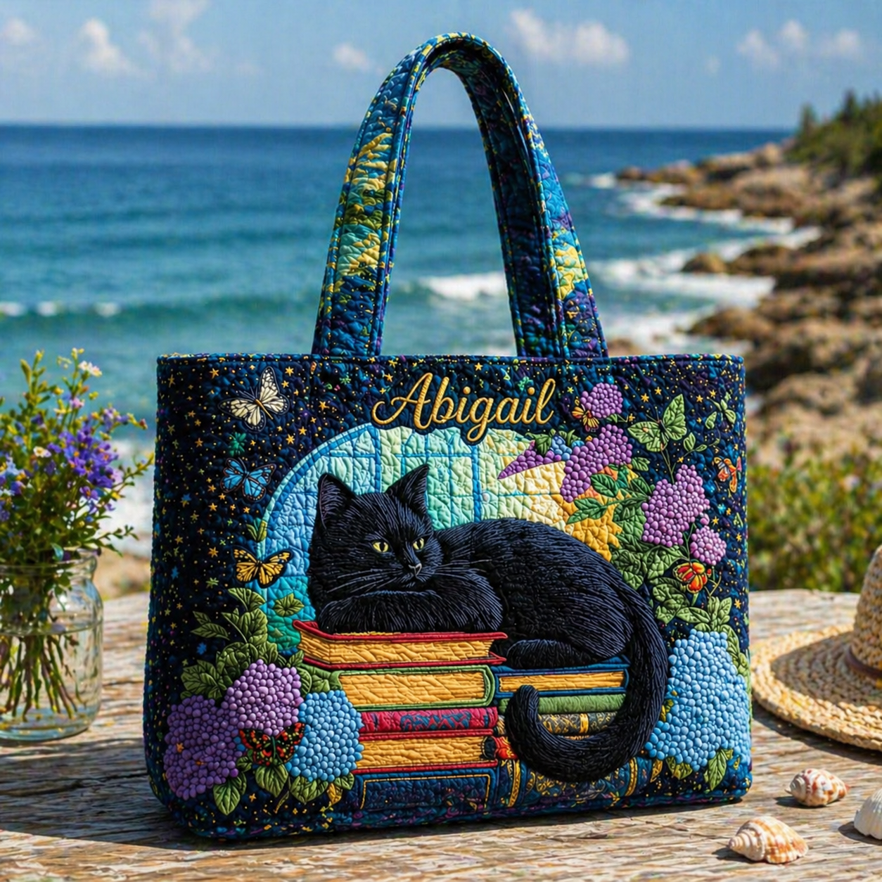 Black Cat Quilted Tote Bag, Vintage Cat Bookish Quilted Tote Bag, Fabric Quilted Bag QTOTE03