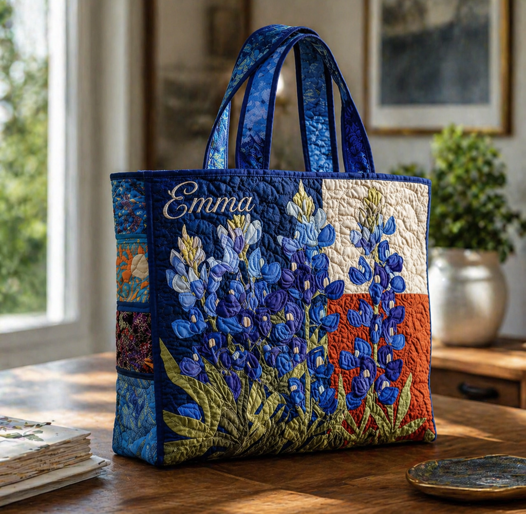Bluebonnet Quilted Tote Bag, Blue Flower Quilted Tote Bag, Fabric Quilted Bag, Women Tote Bag Gift QTOTE04