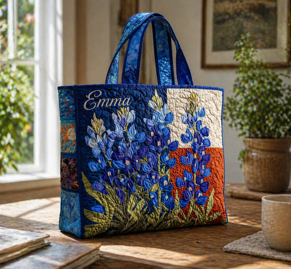 Bluebonnet Quilted Tote Bag, Blue Flower Quilted Tote Bag, Fabric Quilted Bag, Women Tote Bag Gift QTOTE04