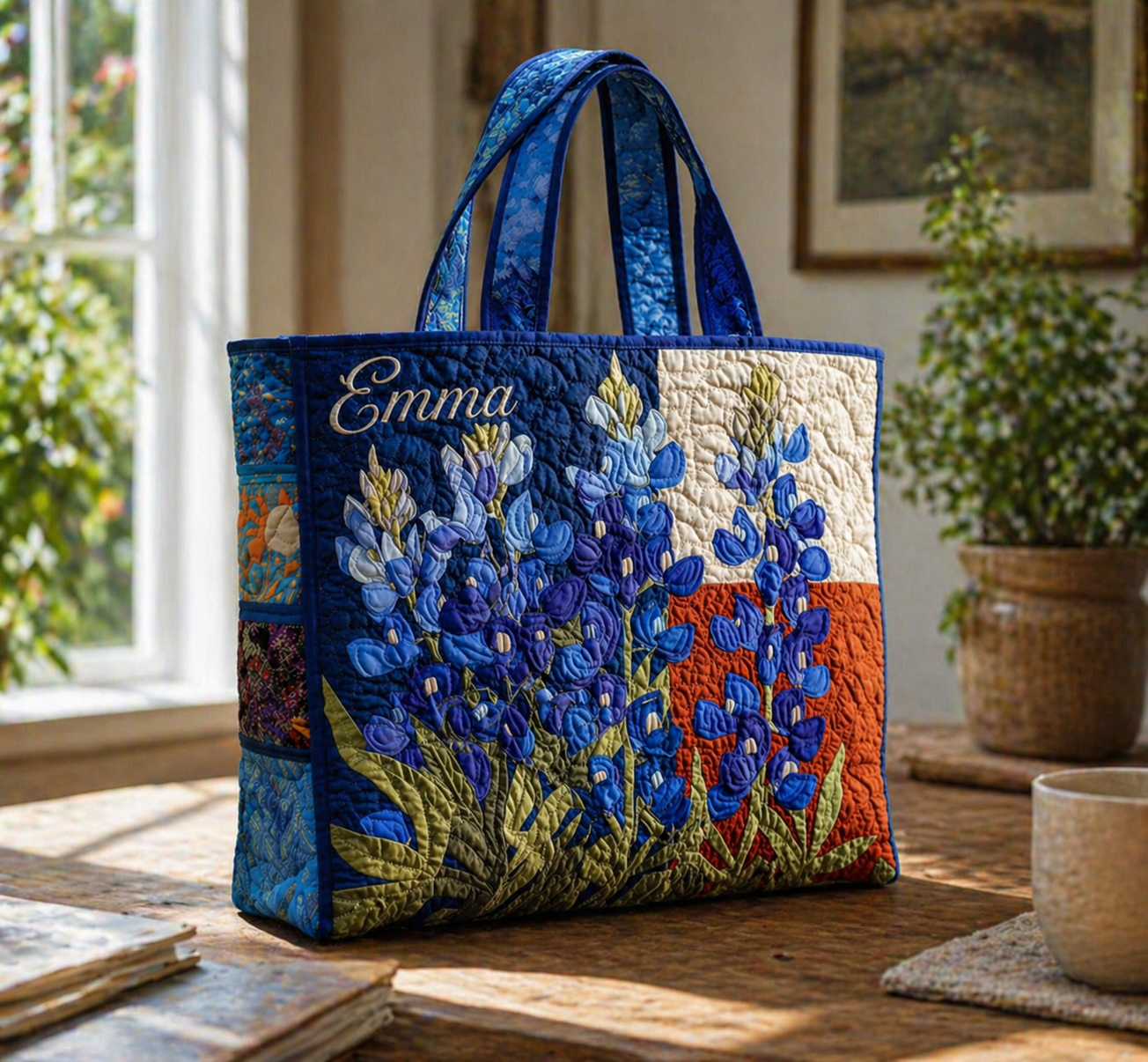 Bluebonnet Quilted Tote Bag, Blue Flower Quilted Tote Bag, Fabric Quilted Bag, Women Tote Bag Gift QTOTE04