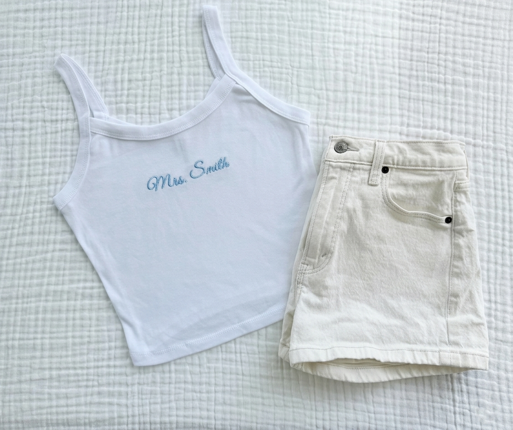 Personalized Embroidered Tank Top, Bride Tank Top, Wedding Getting Ready Outfit, Bachelorette Outfit, Bridal Shower Gift