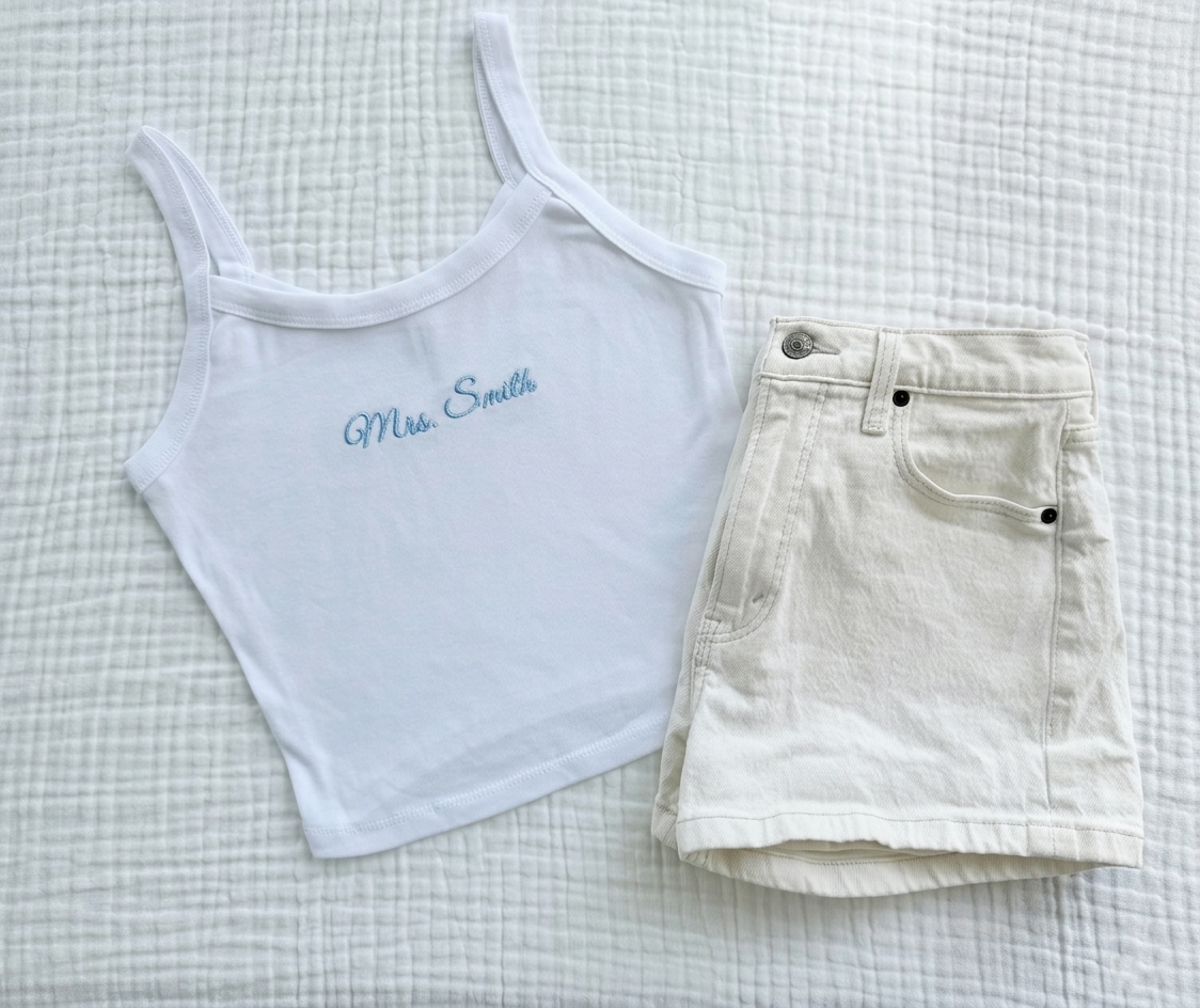 Personalized Embroidered Tank Top, Bride Tank Top, Wedding Getting Ready Outfit, Bachelorette Outfit, Bridal Shower Gift
