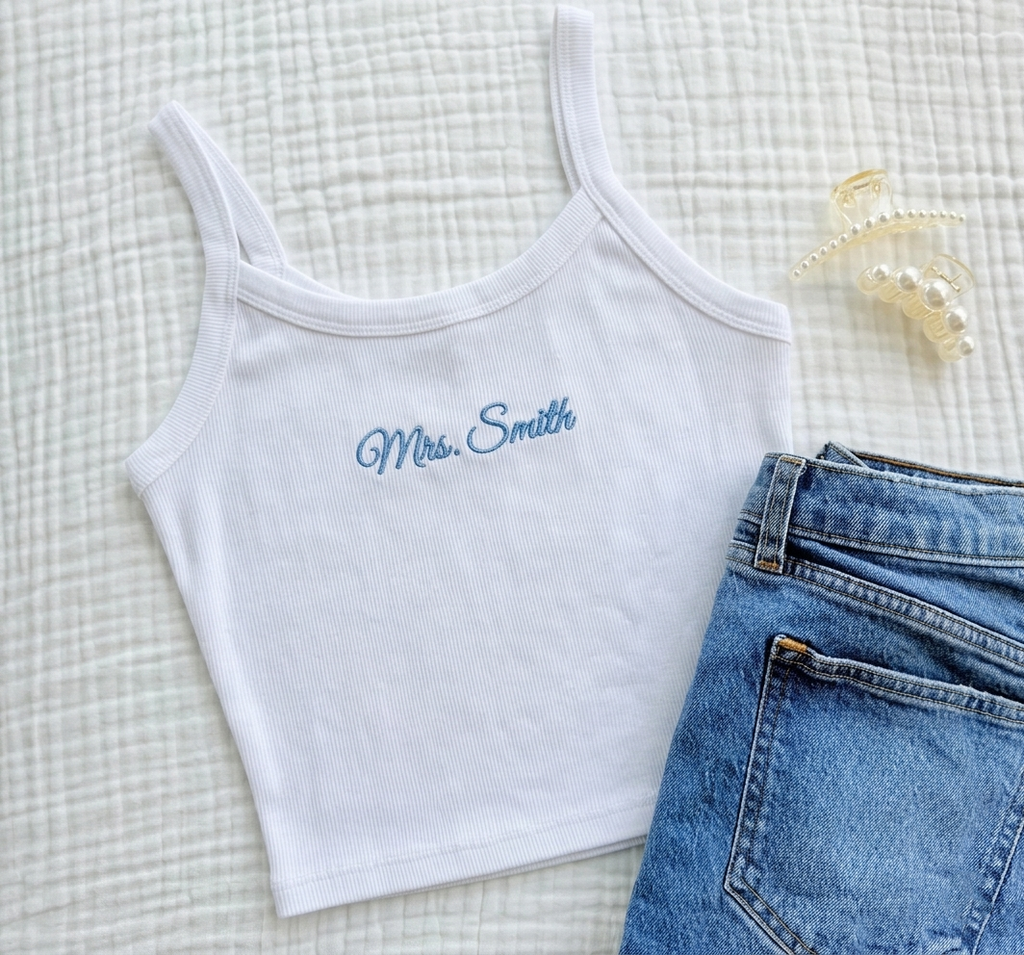 Personalized Embroidered Tank Top, Bride Tank Top, Wedding Getting Ready Outfit, Bachelorette Outfit, Bridal Shower Gift