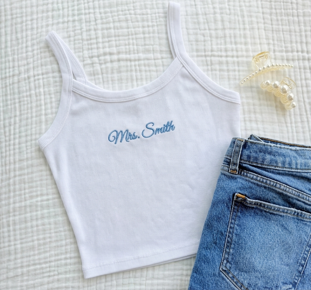 Personalized Embroidered Tank Top, Bride Tank Top, Wedding Getting Ready Outfit, Bachelorette Outfit, Bridal Shower Gift