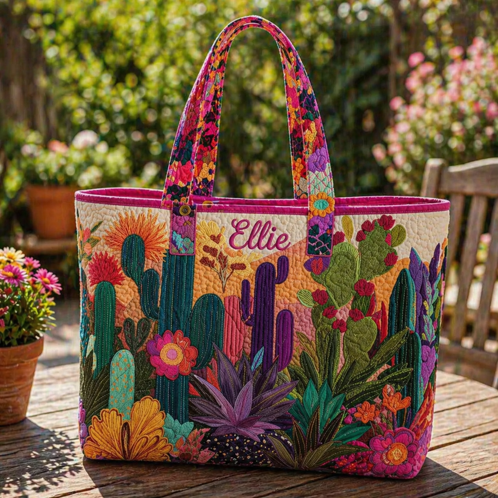 Cactus Garden Quilted Tote Bag, Flower Quilted Tote Bag, Fabric Quilted Bag, Women Tote Bag Gift QTOTE06