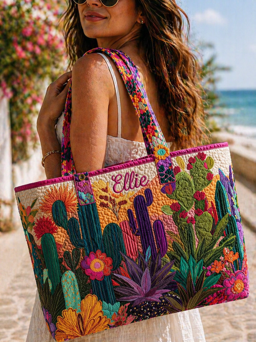 Cactus Garden Quilted Tote Bag, Flower Quilted Tote Bag, Fabric Quilted Bag, Women Tote Bag Gift QTOTE06
