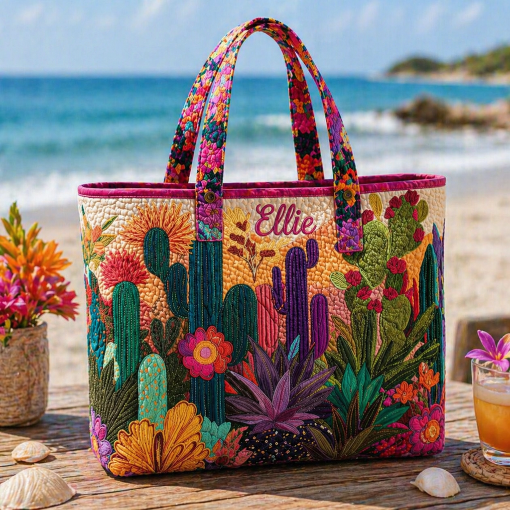 Cactus Garden Quilted Tote Bag, Flower Quilted Tote Bag, Fabric Quilted Bag, Women Tote Bag Gift QTOTE06