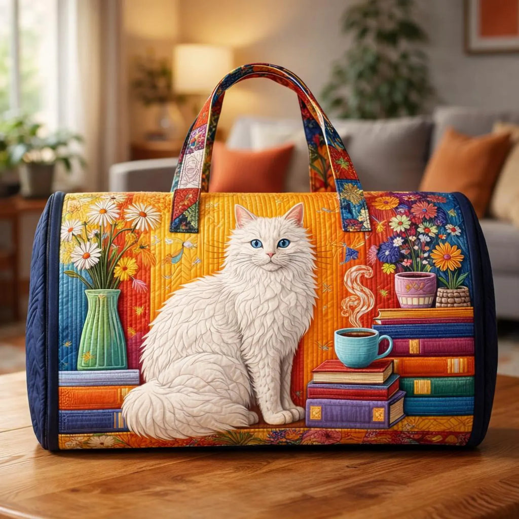 Cat Book Quilted Duffle Bag, Book Lover Weekender Bag for Women, Cozy Travel Duffel