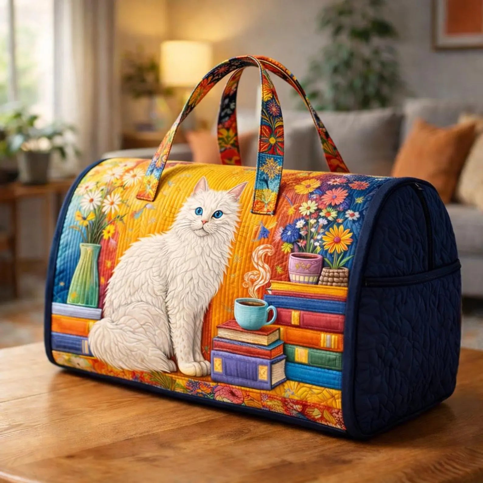 Cat Book Quilted Duffle Bag, Book Lover Weekender Bag for Women, Cozy Travel Duffel