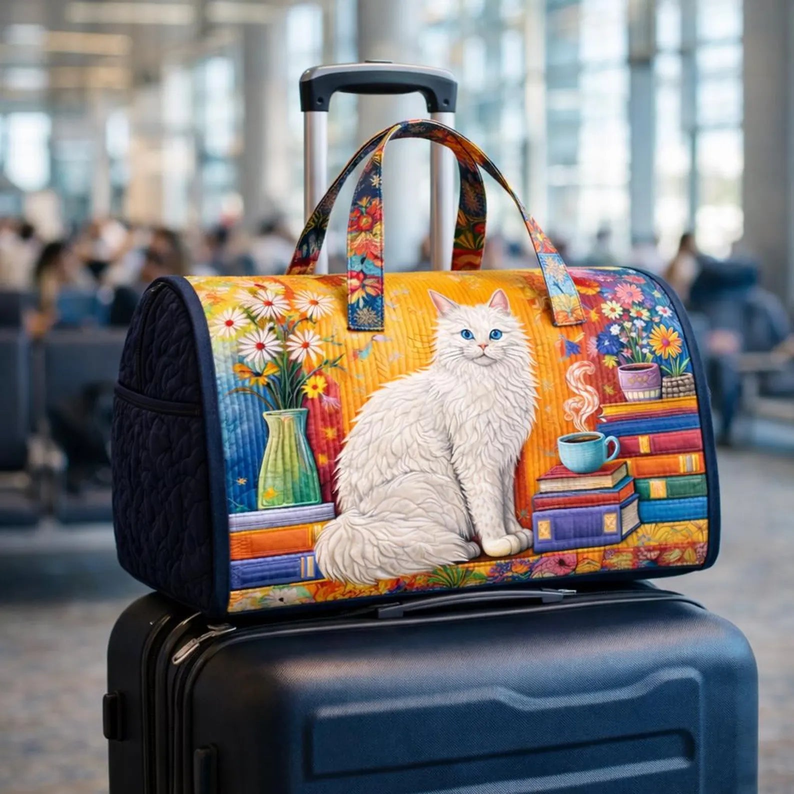 Cat Book Quilted Duffle Bag, Book Lover Weekender Bag for Women, Cozy Travel Duffel