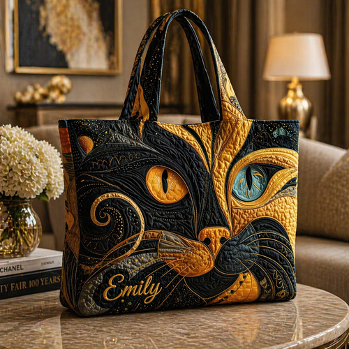 Black Cat Quilted Tote Bag, Cat Art Quilted Tote Bag, Fabric Quilted Bag, Women Tote Bag Gift QTOTE07
