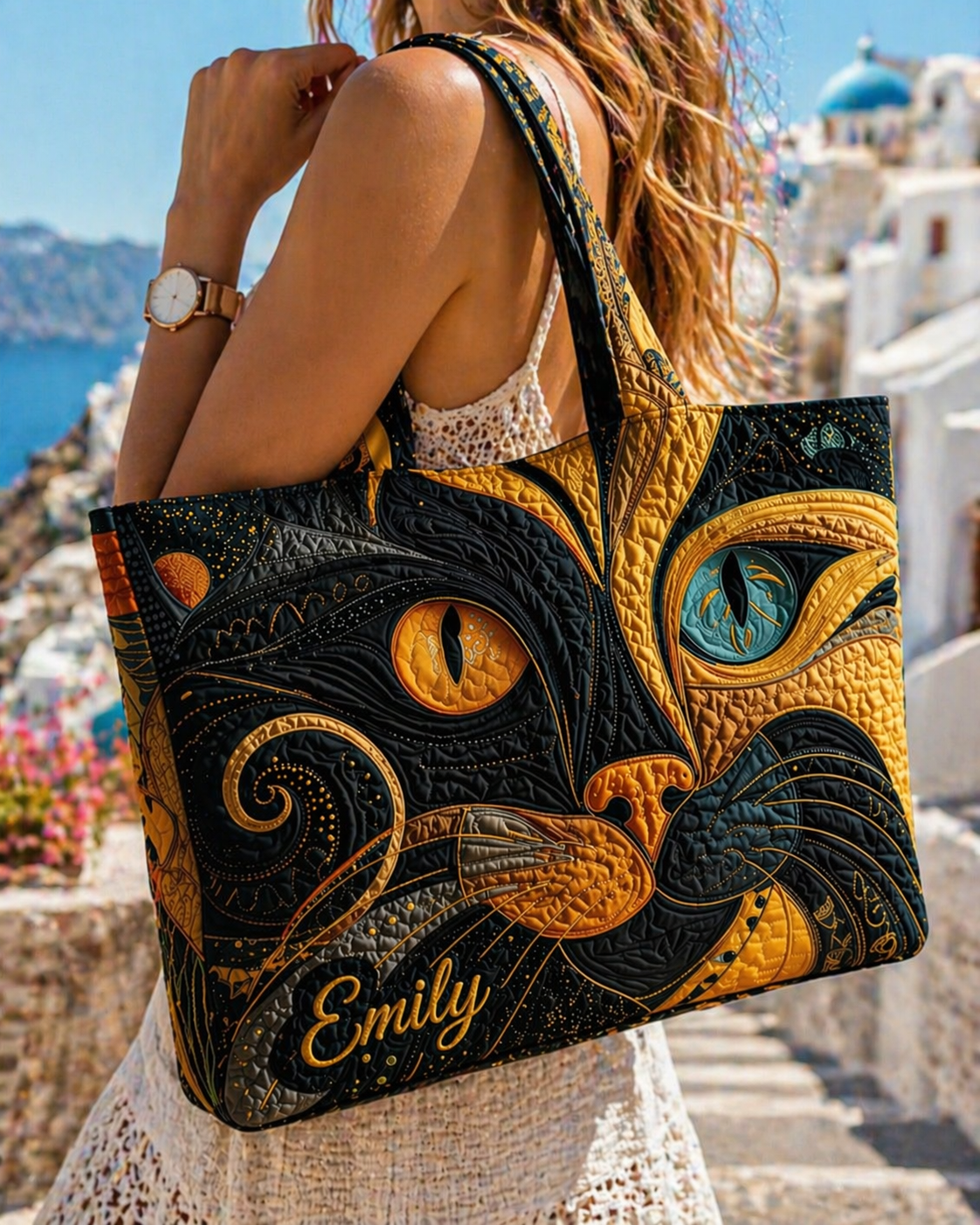 Black Cat Quilted Tote Bag, Cat Art Quilted Tote Bag, Fabric Quilted Bag, Women Tote Bag Gift QTOTE07