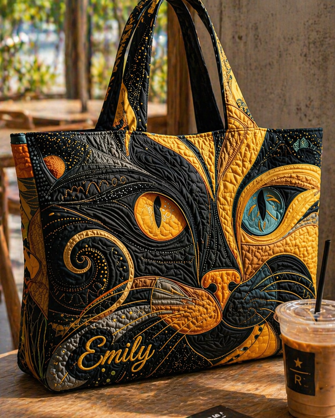 Black Cat Quilted Tote Bag, Cat Art Quilted Tote Bag, Fabric Quilted Bag, Women Tote Bag Gift QTOTE07