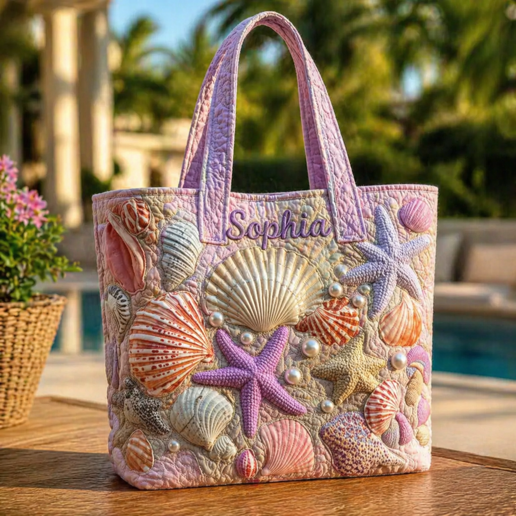 Personalized Seashell Quilted Tote Bag, Custom Beach Shell Shoulder Bag, Coastal Ocean Tote, Starfish Beach Lover Gift for Women QTOTE08