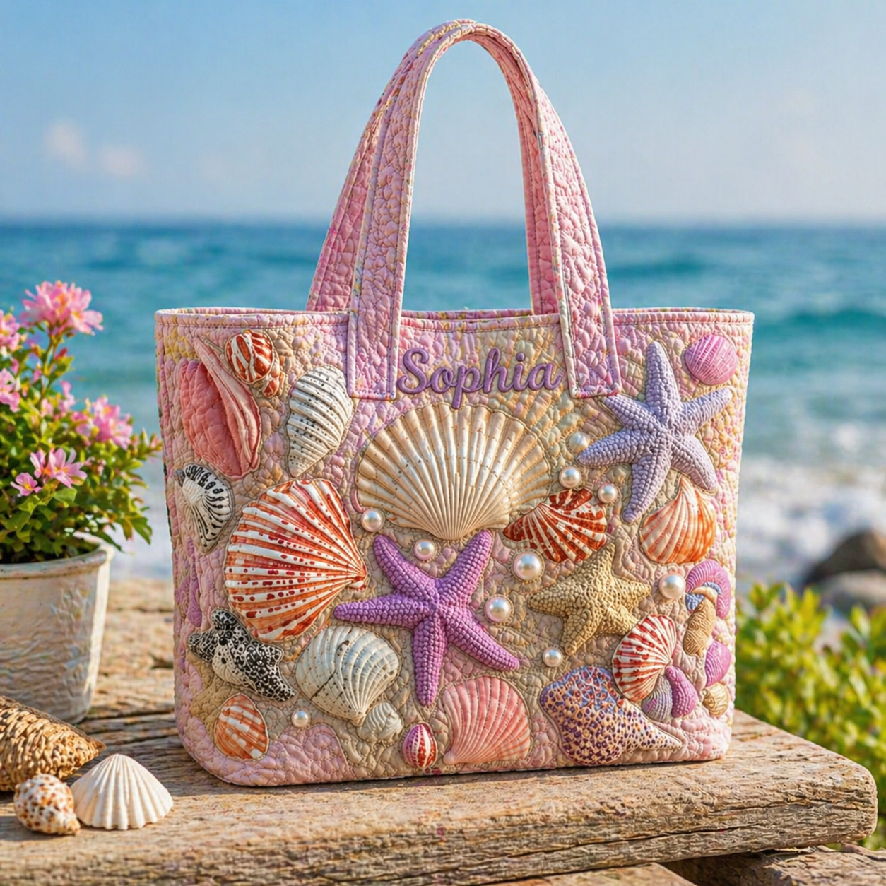 Personalized Seashell Quilted Tote Bag, Custom Beach Shell Shoulder Bag, Coastal Ocean Tote, Starfish Beach Lover Gift for Women QTOTE08