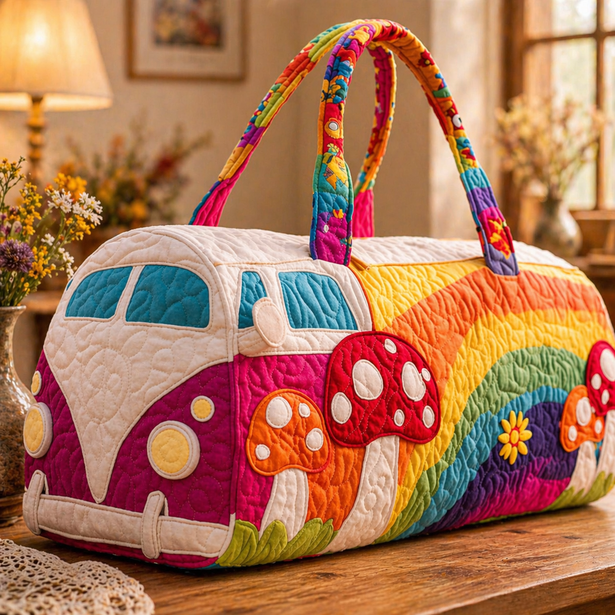 Rainbow Floral Quilted Duffle Bag, Boho Camper Van Weekender Bag