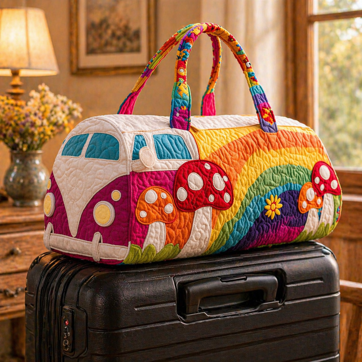 Rainbow Floral Quilted Duffle Bag, Boho Camper Van Weekender Bag