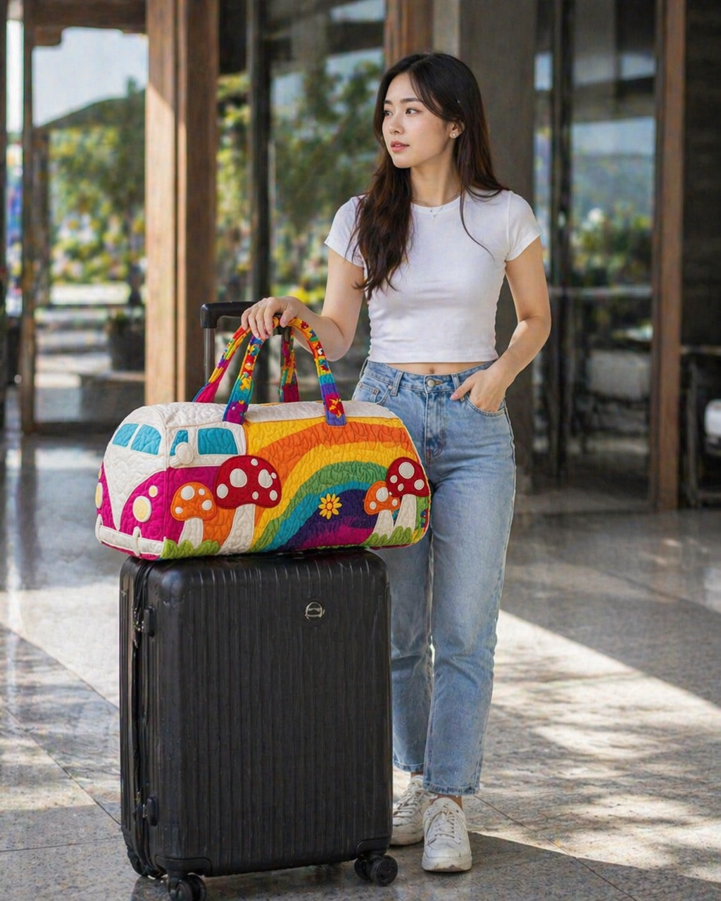 Rainbow Floral Quilted Duffle Bag, Boho Camper Van Weekender Bag