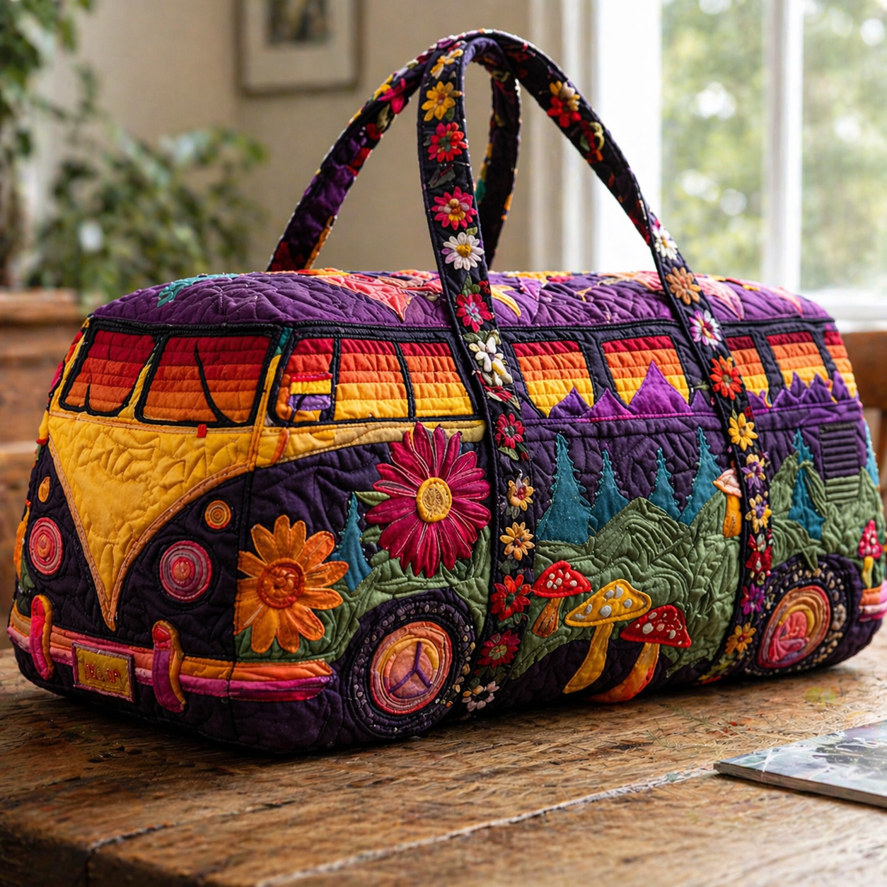 Retro Hippie Van Quilted Duffle Bag, Boho Floral Weekender Bag for Women