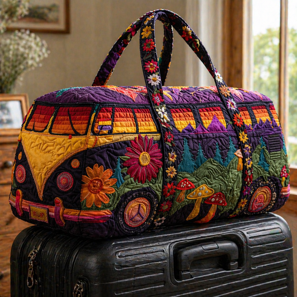 Retro Hippie Van Quilted Duffle Bag, Boho Floral Weekender Bag for Women