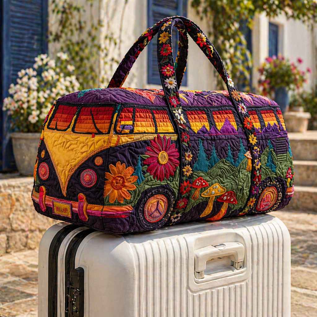 Retro Hippie Van Quilted Duffle Bag, Boho Floral Weekender Bag for Women
