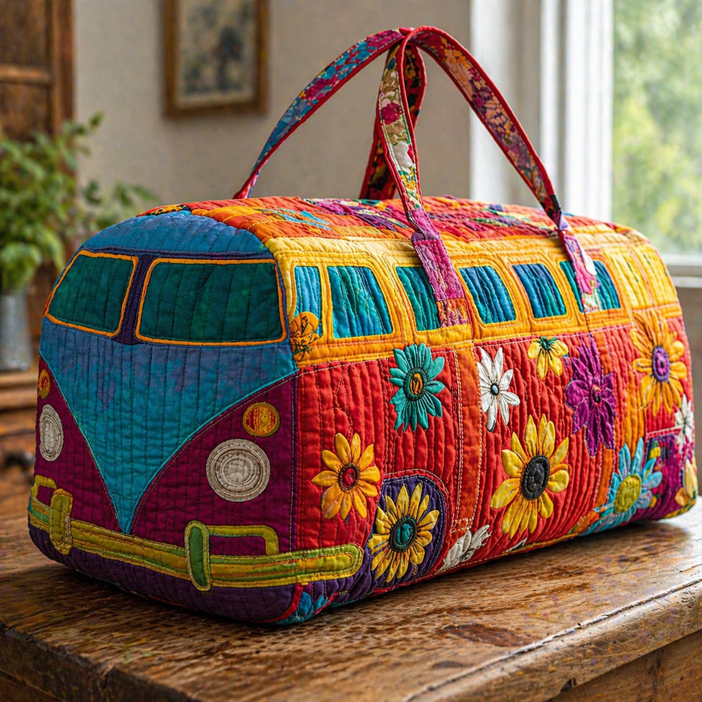 Rainbow Floral Quilted Duffle Bag, Retro Camper Van Quilted Travel Bag