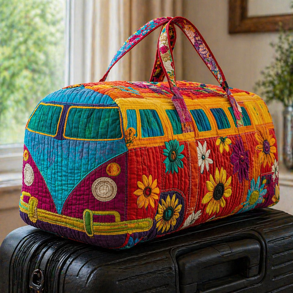 Rainbow Floral Quilted Duffle Bag, Retro Camper Van Quilted Travel Bag