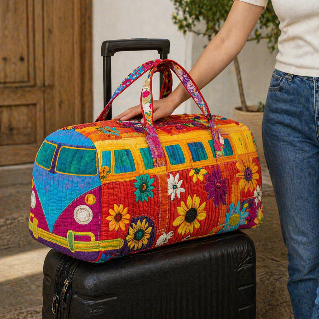 Rainbow Floral Quilted Duffle Bag, Retro Camper Van Quilted Travel Bag