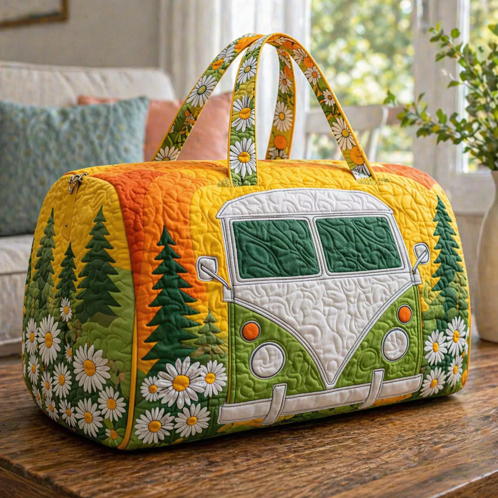 Retro Daisy Camper Van Quilted Duffle Bag, Floral Weekender Bag for Women