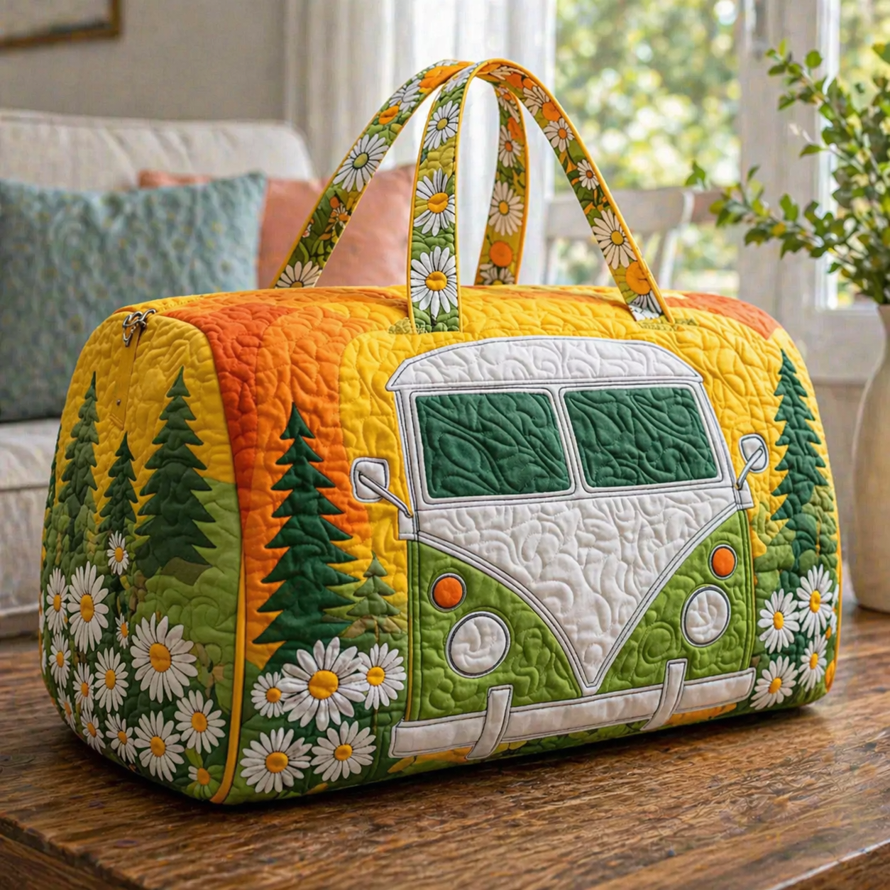 Retro Daisy Camper Van Quilted Duffle Bag, Floral Weekender Bag for Women
